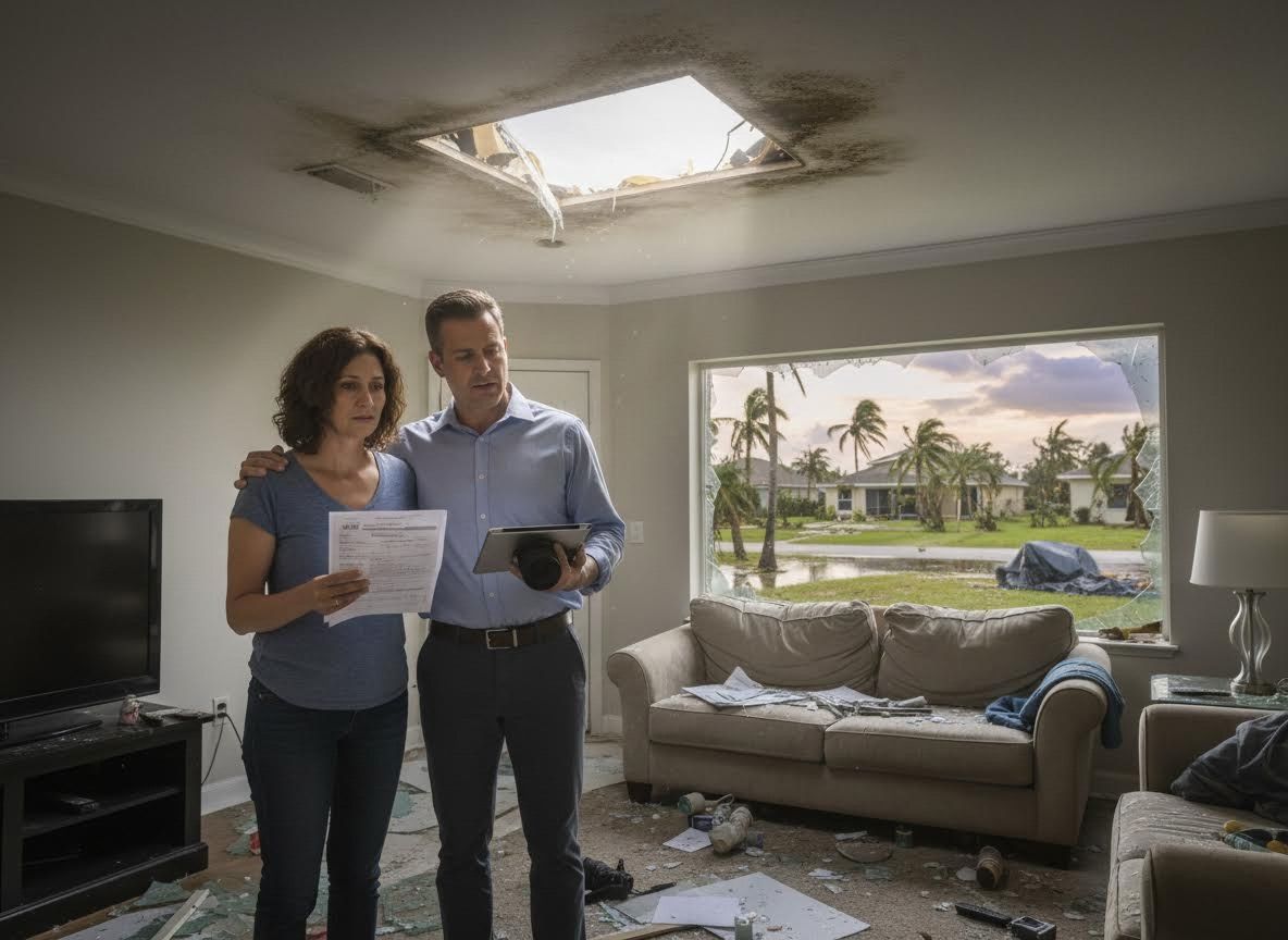 Couple assessing hurricane damage in their home