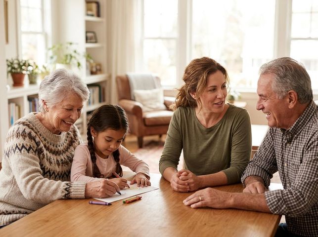 A happy multi-generational family: grandmother and granddaughter coloring at a wooden table, while mother and grandfather smile and chat. Multi-generational family bonding at home