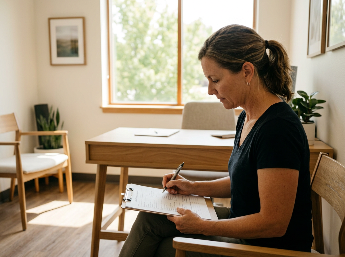 Woman filling out paperwork in a waiting room