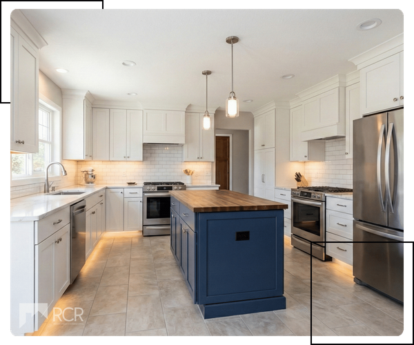 A recently completed modern kitchen remodel in an Appleton home, featuring white shaker cabinets, quartz countertops, a navy blue central island with a butcher block top, and contemporary pendant lighting.