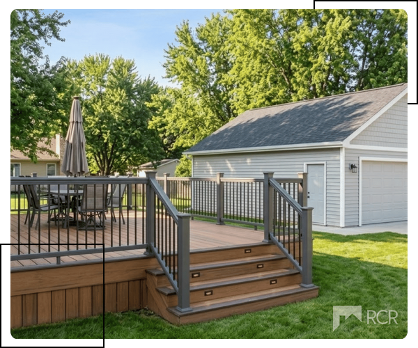 A newly built multi-level composite deck with modern railings and integrated step lighting in an Appleton backyard, showcasing a detached garage constructed in the background to match the main house
