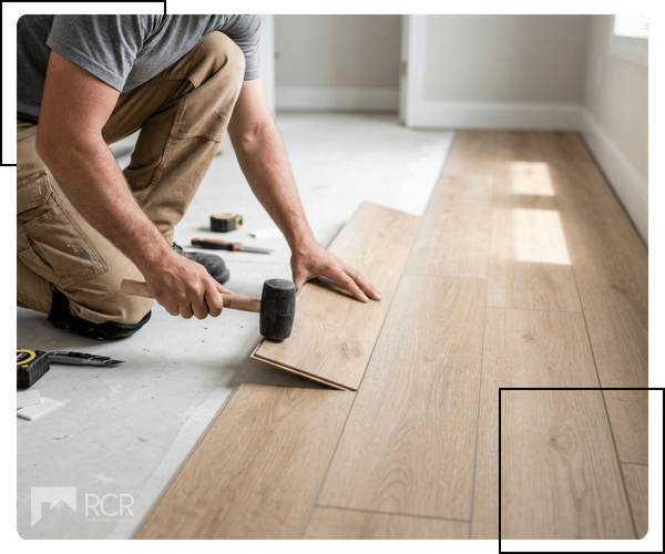A close-up interior photograph capturing professional wide-plank wood flooring being expertly installed across a large open-concept living area in an Appleton home