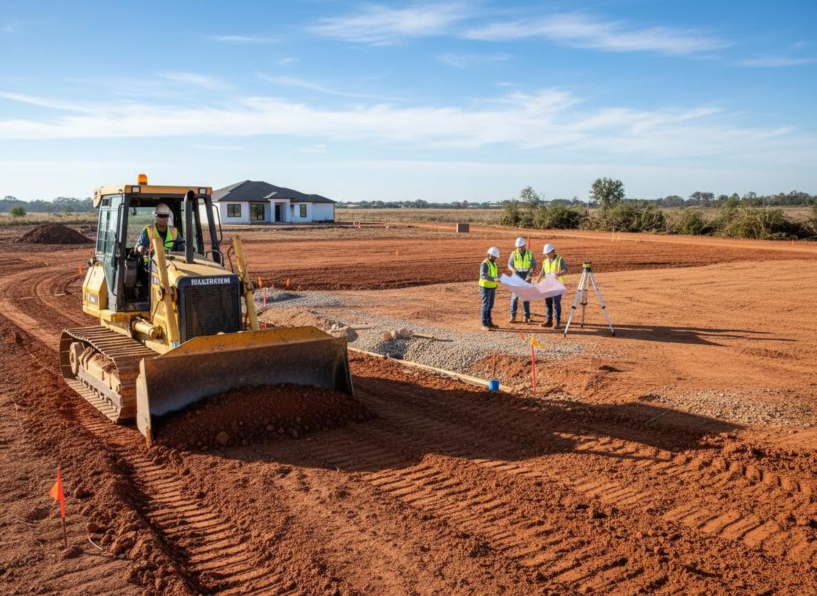 Construction crew and bulldozer working on a new building site