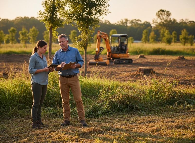 Construction project managers discussing plans on a cleared field