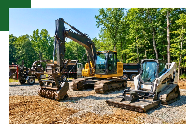 A professional fleet of land clearing equipment including an excavator with a mulching head, a skid-steer, and a wood chipper parked on a gravel site.