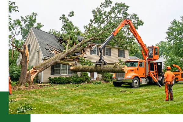 An orange knuckleboom grapple truck safely removing a large fallen tree limb from the roof of a house after severe storm damage.