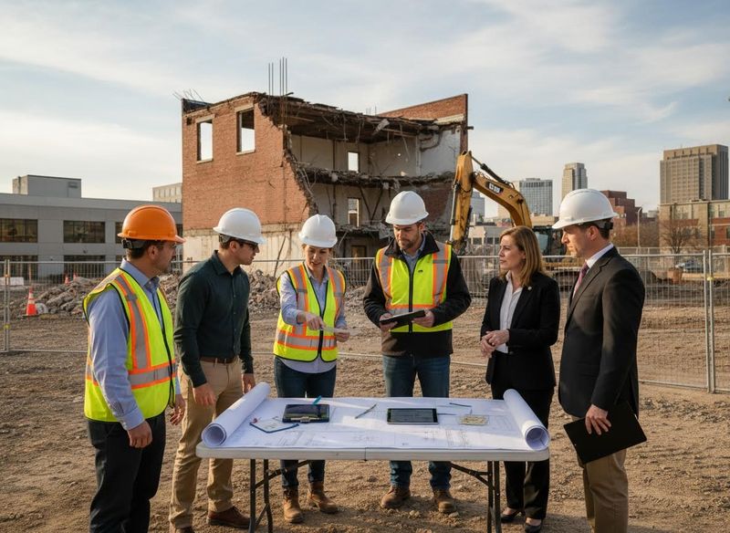 Six professionals, including engineers and project managers, review blueprints at a demolition site with a partially torn-down building in the background. Construction Team Meeting on Demolition Site