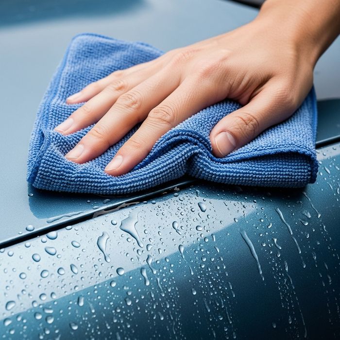 Close-up of a hand gently wiping a car's metallic paint with a microfiber cloth