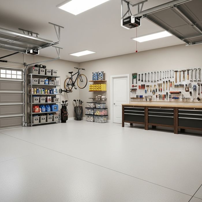A clean, organized home garage with no car
