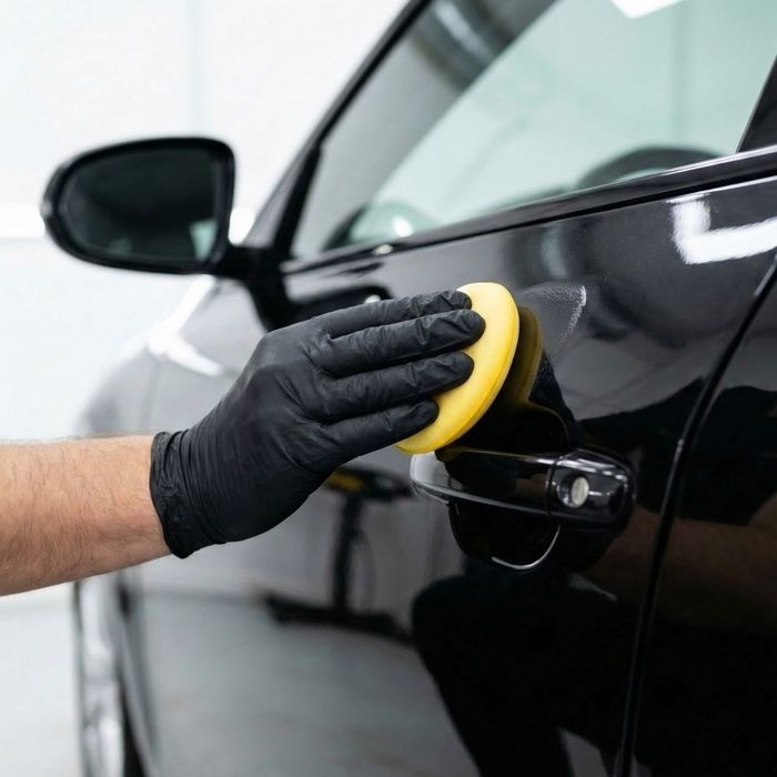 Close-up of a hand applying cream-colored wax to glossy metallic black car paint.