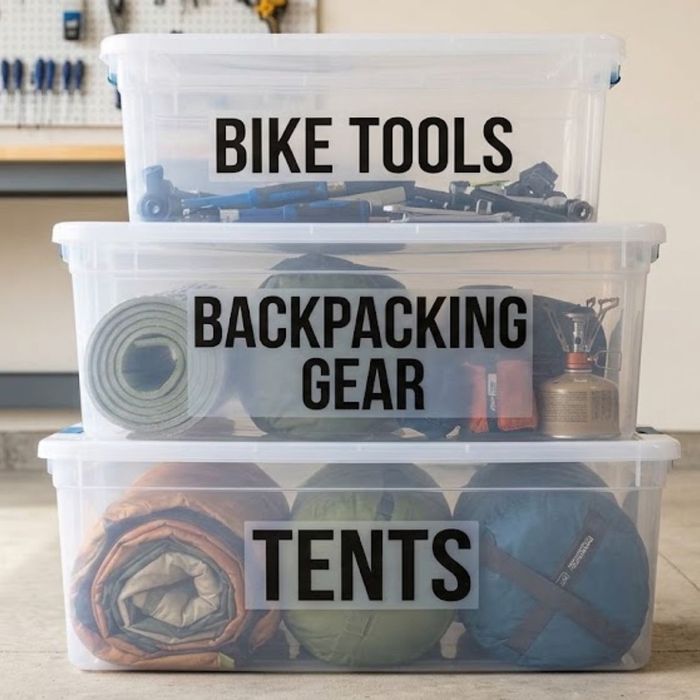 3 clear bins, labeled with bike tools, backpacking gear, and tents 3 clear bins, labeled with bike tools, backpacking gear, and tents