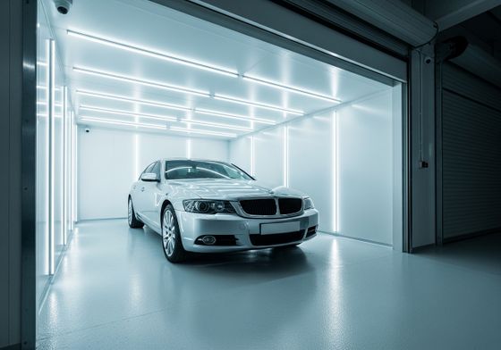 Meticulously clean, polished car parked securely in a bright, modern indoor vehicle storage unit.