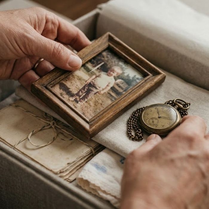 Hands holding a framed photo over an open memory box Hands holding a framed photo over an open memory box