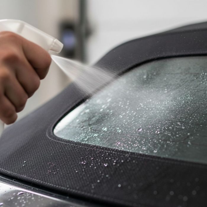 hand spraying UV protective sealant onto a dry, dark-colored convertible roof fabric hand spraying UV protective sealant onto a dry, dark-colored convertible roof fabric