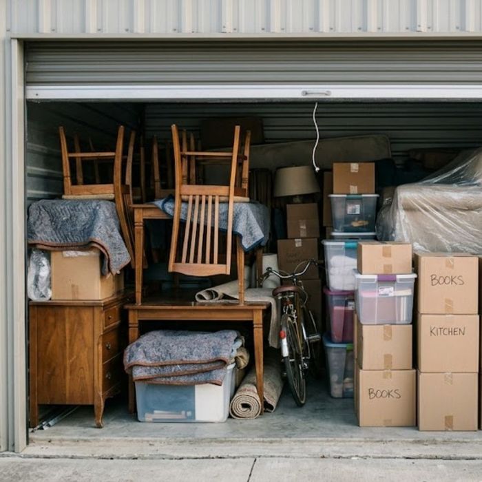 Organized self-storage unit filled with boxes and wooden chairs Organized self-storage unit filled with boxes and wooden chairs