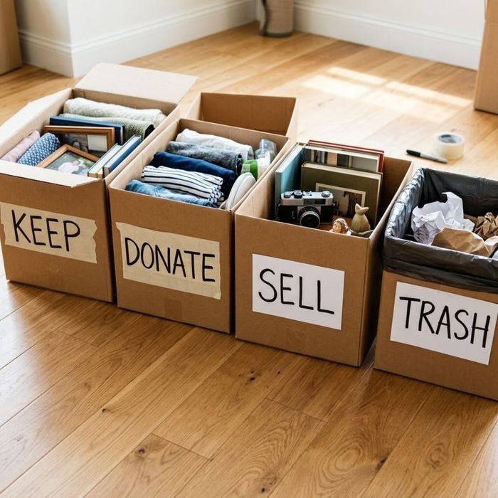 Boxes labeled keep, donate, sell, and trash on a wooden floor Boxes labeled keep, donate, sell, and trash on a wooden floor
