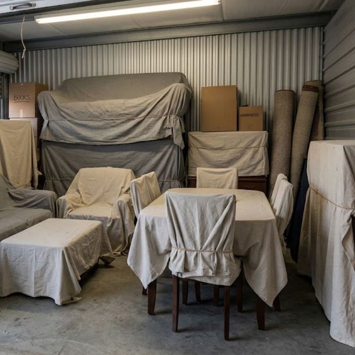 covered furniture in storage