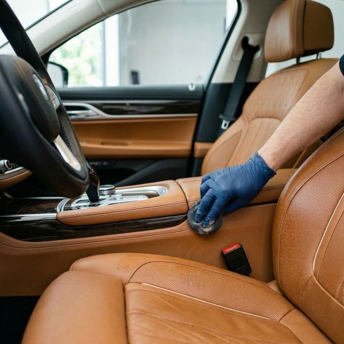 Close-up of a gloved hand conditioning the supple tan leather driver's seat of a clean luxury vehicle interior.