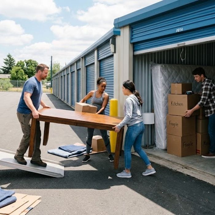 people moving items and furniture into a storaage unit people moving items and furniture into a storage unit