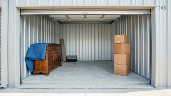 self-storage unit with a dresser and cardboard boxes self-storage unit with a dresser and cardboard boxes
