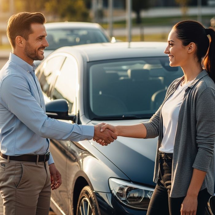Seller and buyer shaking hands next to a clean car