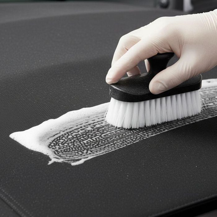 Hand using a soft-bristle brush to apply foam cleaner to a black fabric convertible car top Hand using a soft-bristle brush to apply foam cleaner to a black fabric convertible car top