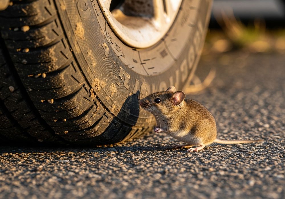 mouse by a car tire
