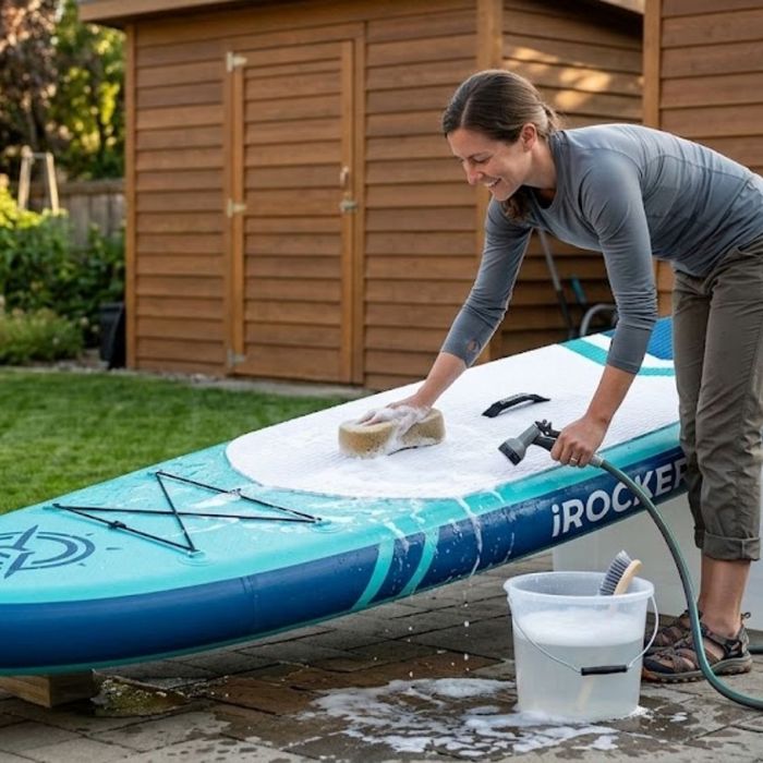 woman cleaning off a paddleboard