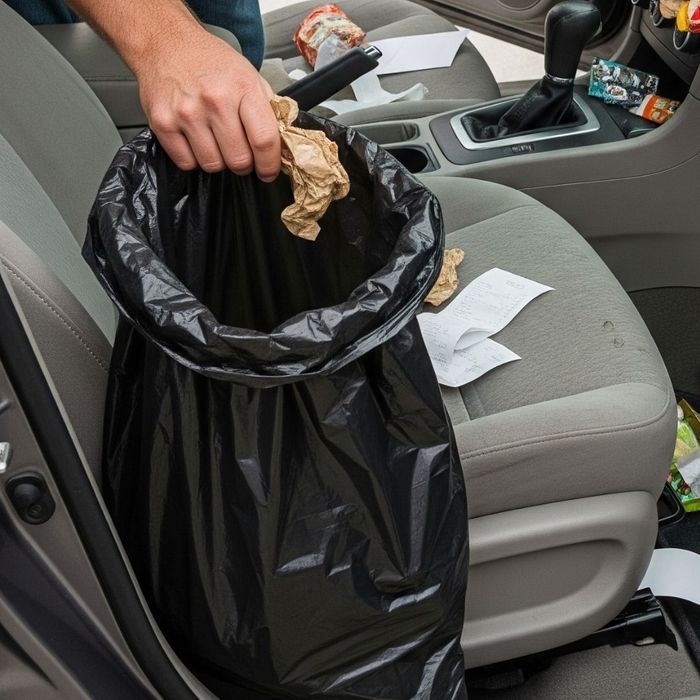 cleaning up garbage in a car