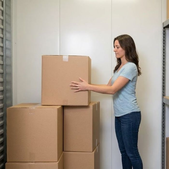woman stacking boxes in storage unit woman stacking boxes in storage unit