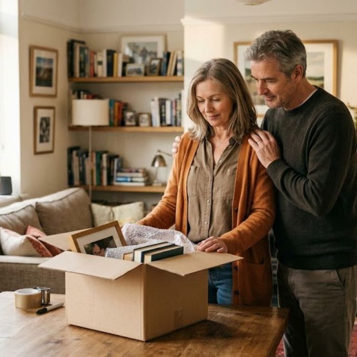 Couple packing items into a cardboard box at home