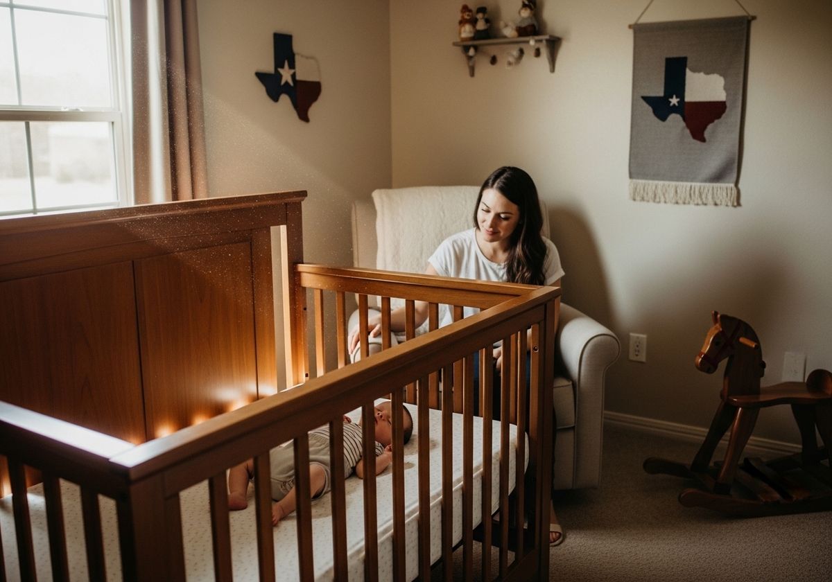 Mother watching her sleeping baby in a Texas themed nursery