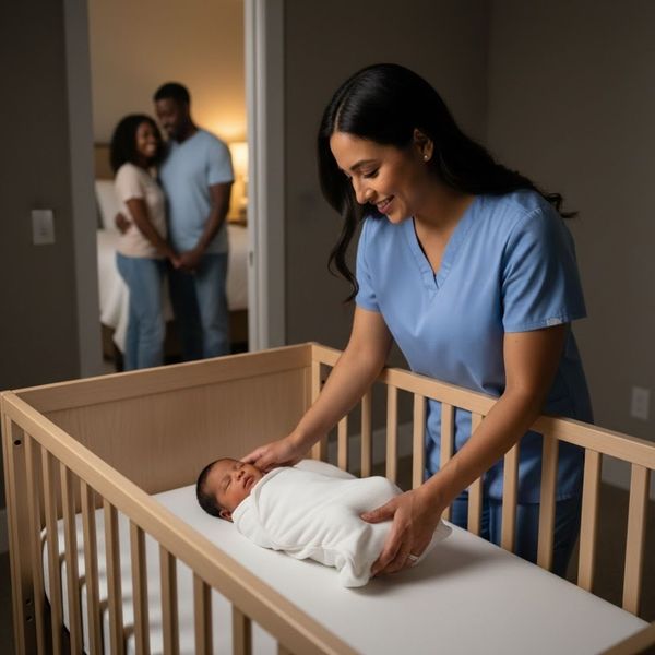 A professional night nanny in scrubs gently placing a swaddled newborn baby on their back in an empty, bare crib in a dimly lit nursery