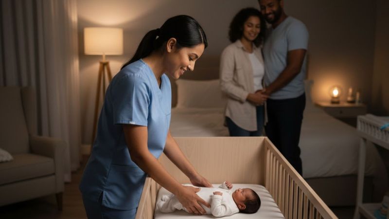 a night nanny putting an infant to bed safely while the parents happily observe nearby