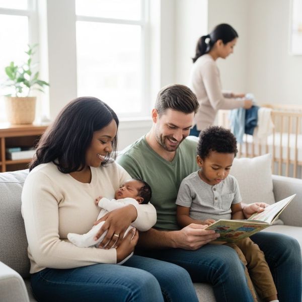 a family with a newborn reading to their toddler while a postpartum doula tidies up in the background