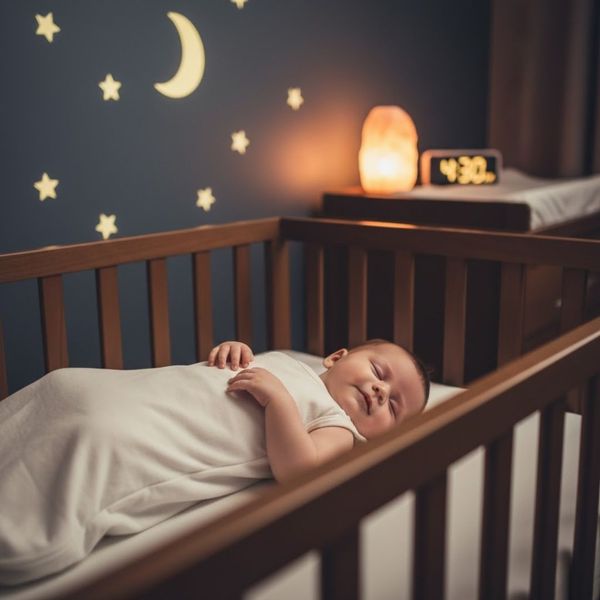 a contented baby who is sleeping soundly in a safe, bare crib in a dark nursery
