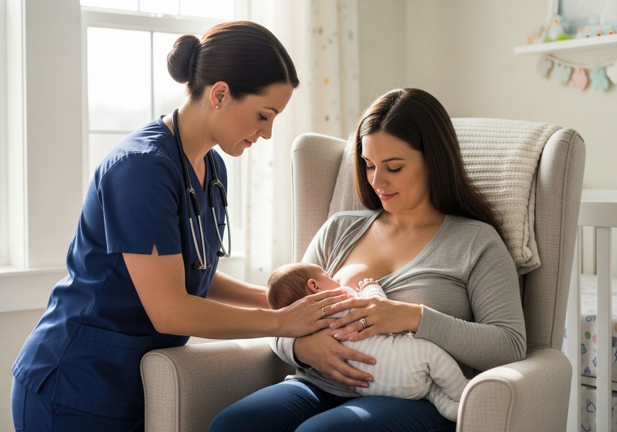 Mother breastfeeding with nurse support