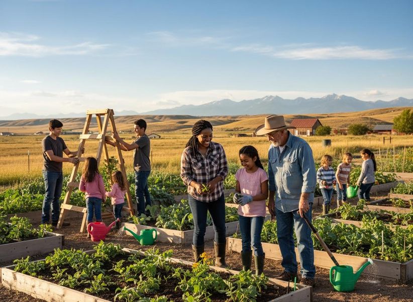 A diverse family, including children and adults, happily gardens in raised beds. They are harvesting and watering plants with mountains in the background. Multi-generational family gardening together