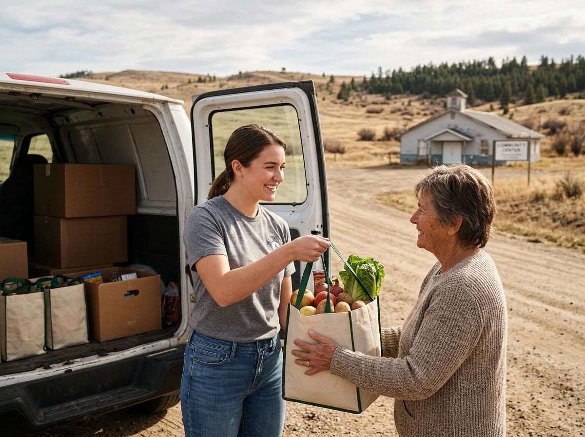 Volunteer delivering fresh groceries to an elderly woman