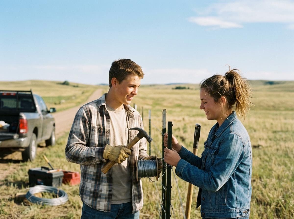 Young Man and Woman Building a Rural Fence