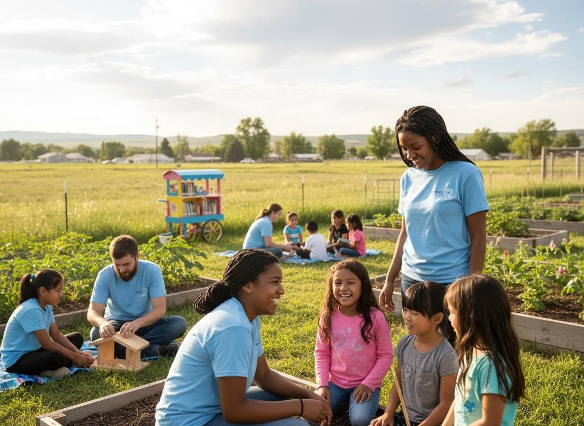 Children and volunteers engaging in outdoor activities in a community garden