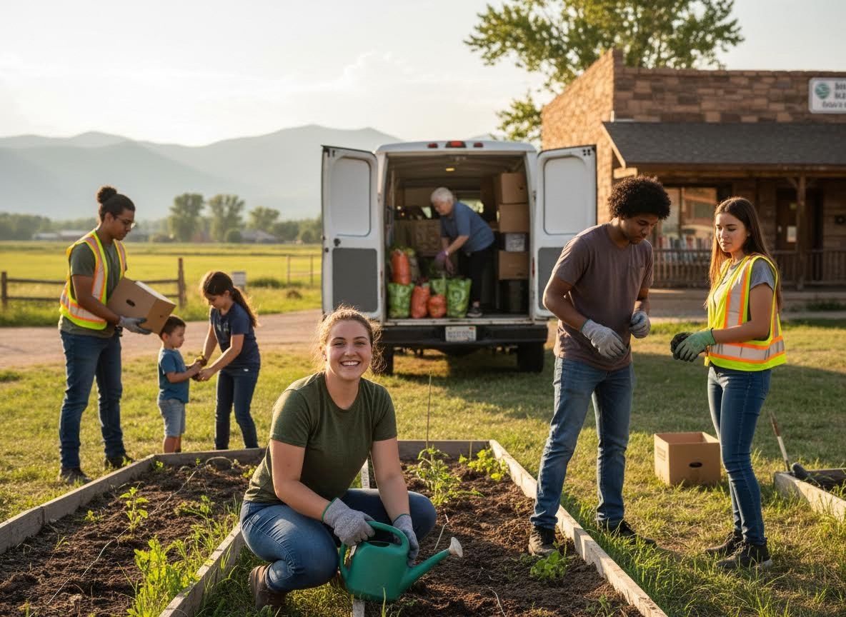 Community Volunteers in a Garden and Food Distribution