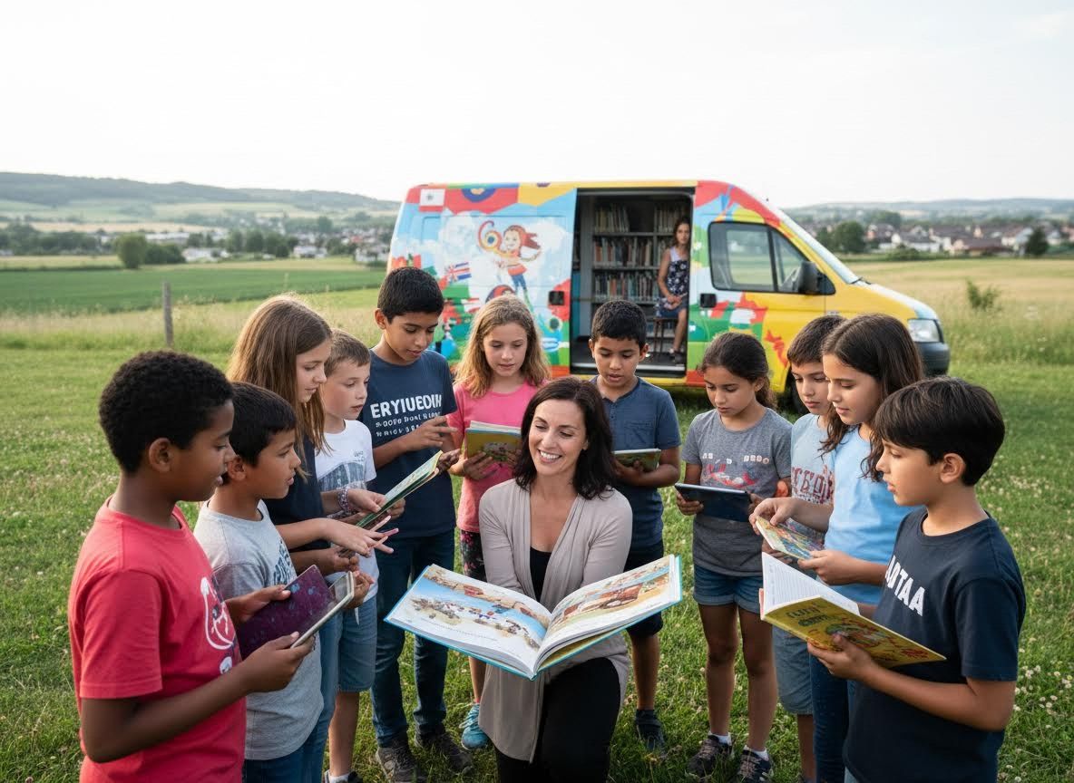 A woman reading to diverse children from a bookmobile in a field