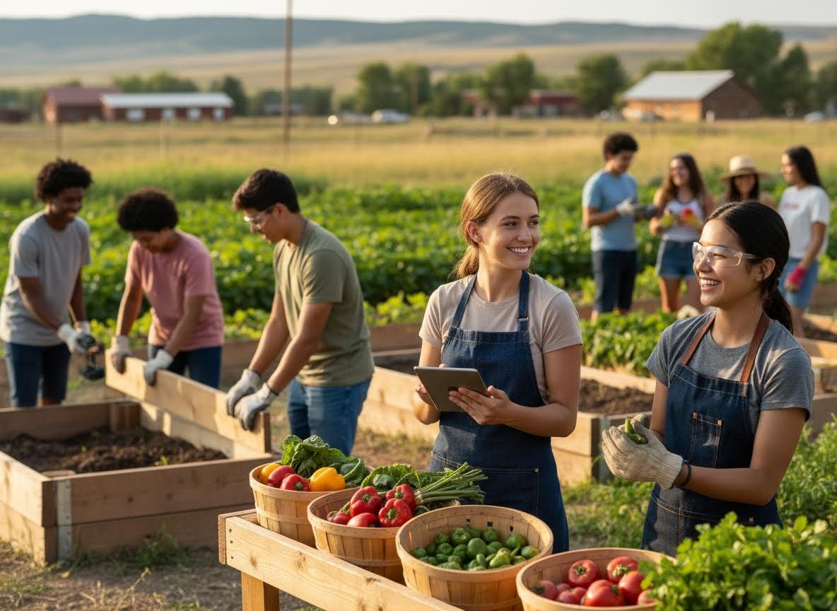 Diverse young adults harvesting fresh produce in a vibrant community garden