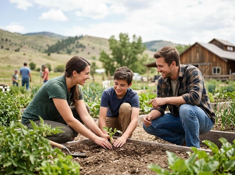 A smiling family, including a woman, boy, and man, plants a small seedling in a raised garden bed outdoors, with mountains and a barn visible. Family Planting in a Garden Bed