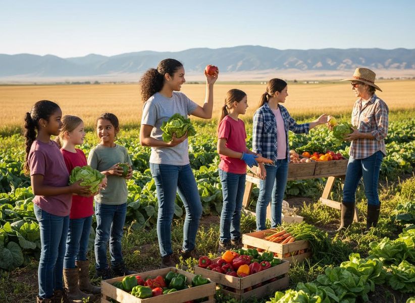 Diverse children and an adult woman joyfully harvest fresh cabbage, peppers, and carrots in a sunlit farm field, learning about agriculture. Children and Farmer Harvesting Fresh Vegetables in Sunny Field