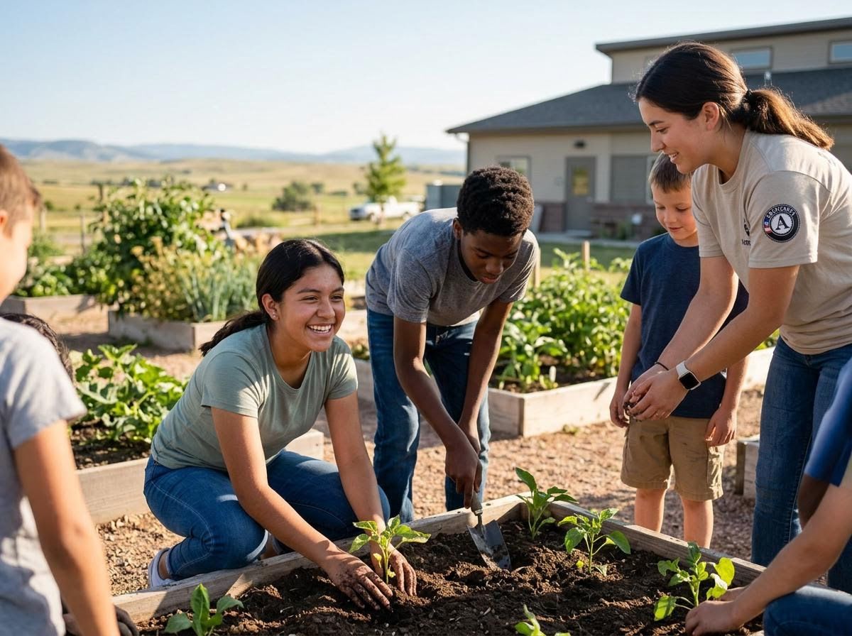 Children and young adults planting in a community garden