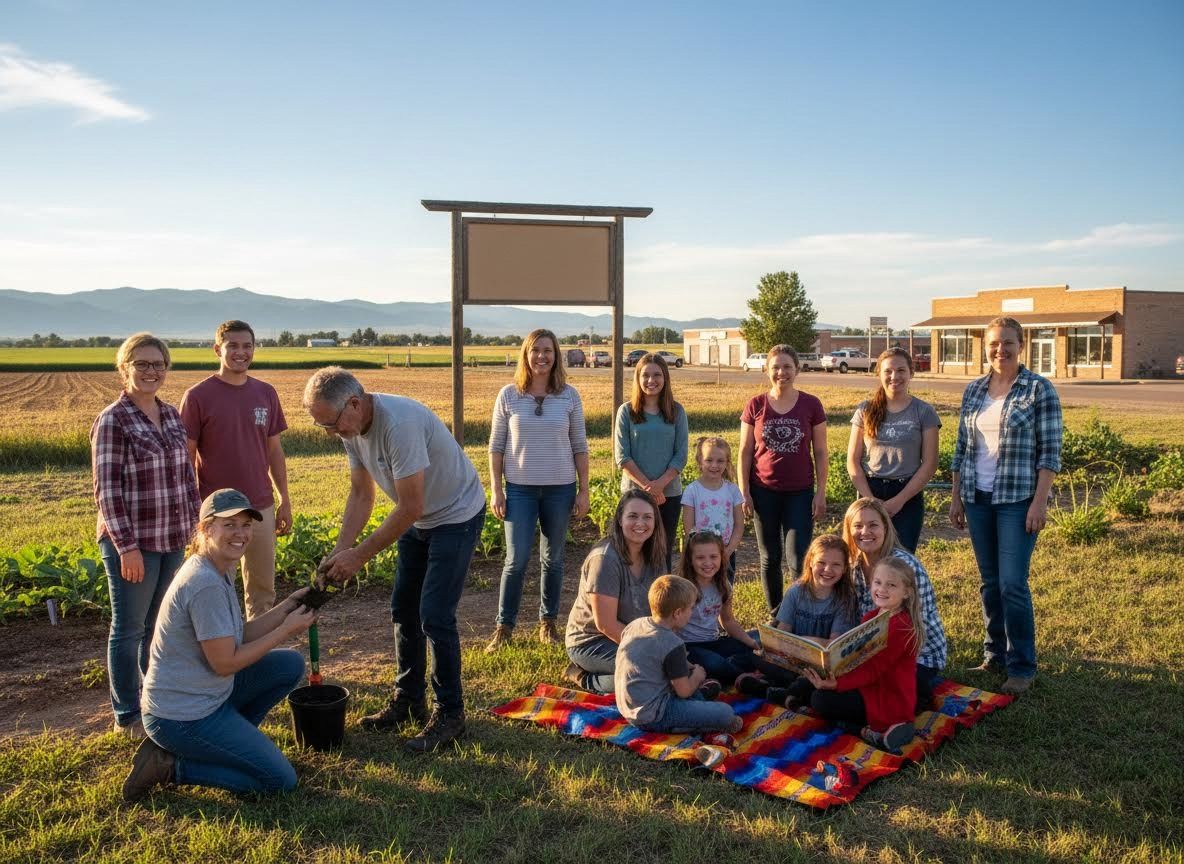 Community garden gathering with families and children at sunset