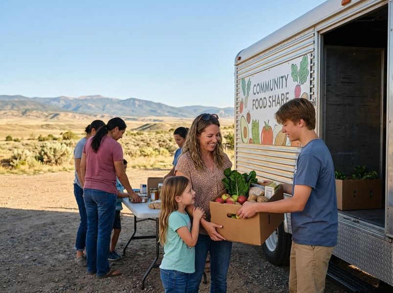 People receive fresh produce from a 'Community Food Share' truck in a rural outdoor setting with mountains in the background, promoting healthy eating. Community Food Share Distribution