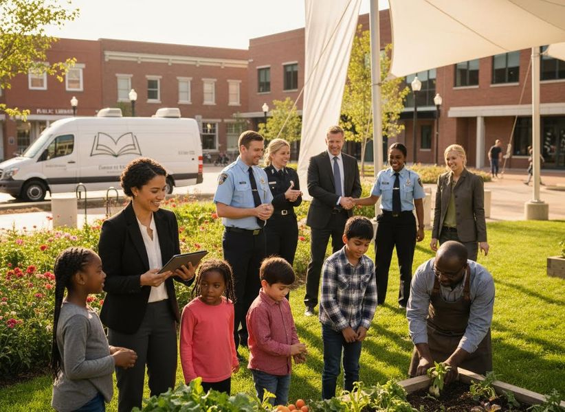 A diverse group of adults from public services, including police and a librarian, engage with children in a vibrant community garden. Community members and public service workers interact with children in a garden